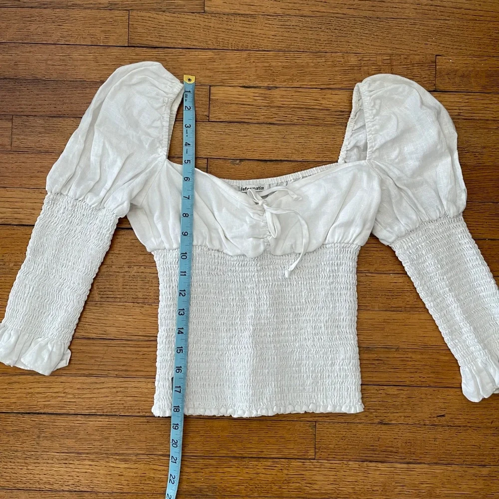 Reformation Haven White Smocked Linen Puff Sleeve Top Size M